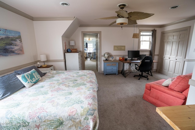 661 Main St, Swansboro, NC 28584 - carpeted bedroom with crown molding, an office area, a ceiling fan, and a closet