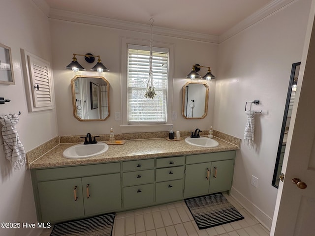 661 Main St, Swansboro, NC 28584 - bathroom featuring double vanity, tile patterned floors, and crown molding