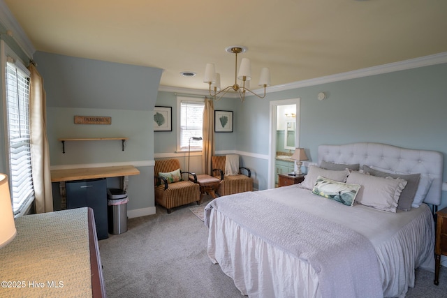 bedroom with carpet flooring, a chandelier, and ornamental molding