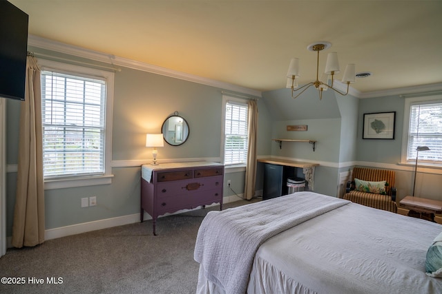 bedroom featuring baseboards, carpet flooring, crown molding, and a chandelier