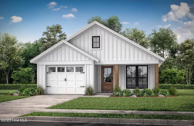 modern inspired farmhouse featuring a garage, a front yard, board and batten siding, and driveway