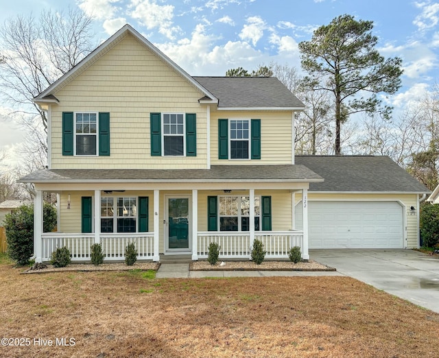 view of front facade featuring a porch, concrete driveway, an attached garage, and a shingled roof