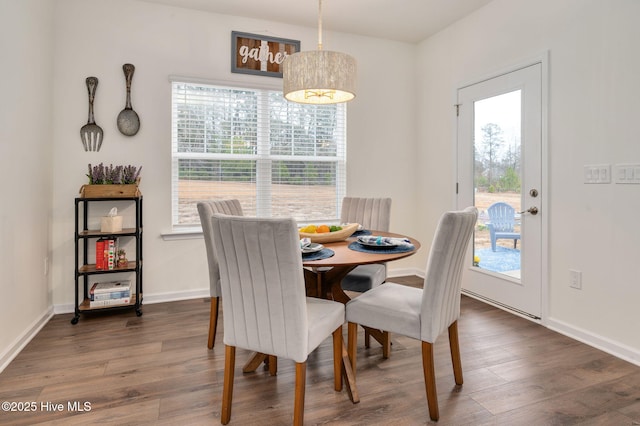 dining space featuring dark wood-style floors, baseboards, and a wealth of natural light