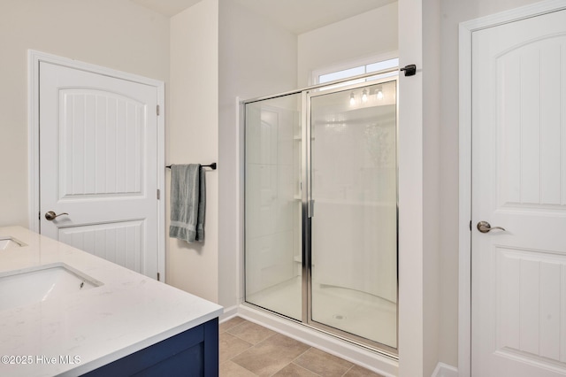 bathroom featuring vanity, a shower stall, and tile patterned flooring