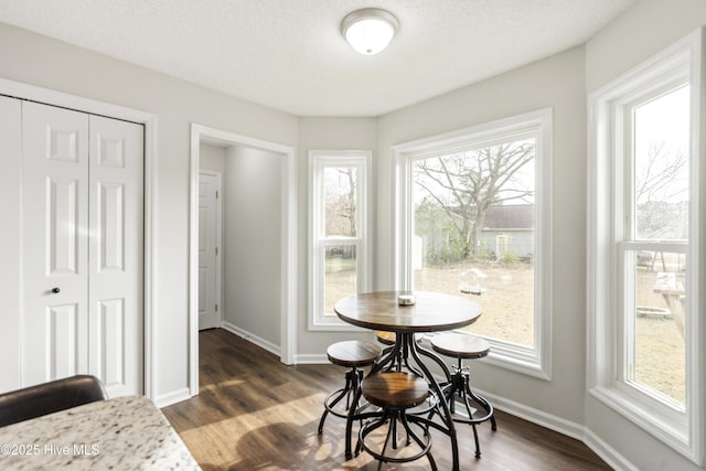 dining space featuring a textured ceiling, baseboards, and dark wood-style flooring