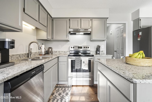 kitchen with wood finished floors, gray cabinets, a sink, under cabinet range hood, and appliances with stainless steel finishes