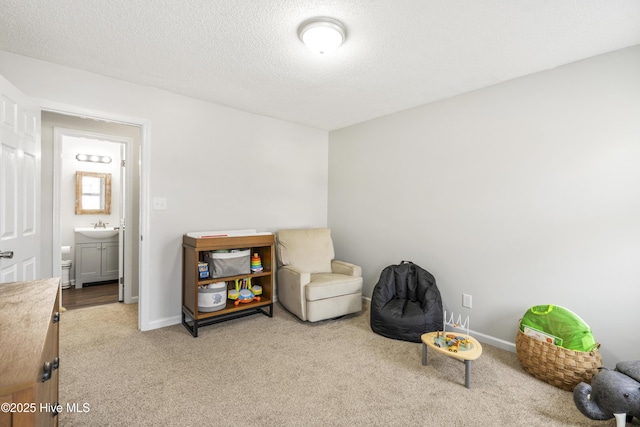 living area featuring carpet flooring, a textured ceiling, and baseboards