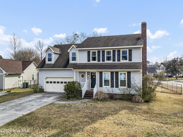 view of front of home with a front yard, fence, roof with shingles, central AC, and concrete driveway