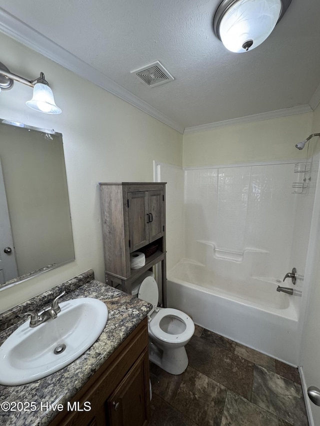 full bath with visible vents, vanity, shower / tub combination, ornamental molding, and a textured ceiling