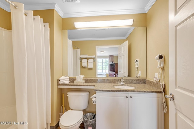 full bathroom with visible vents, toilet, a shower with shower curtain, crown molding, and vanity