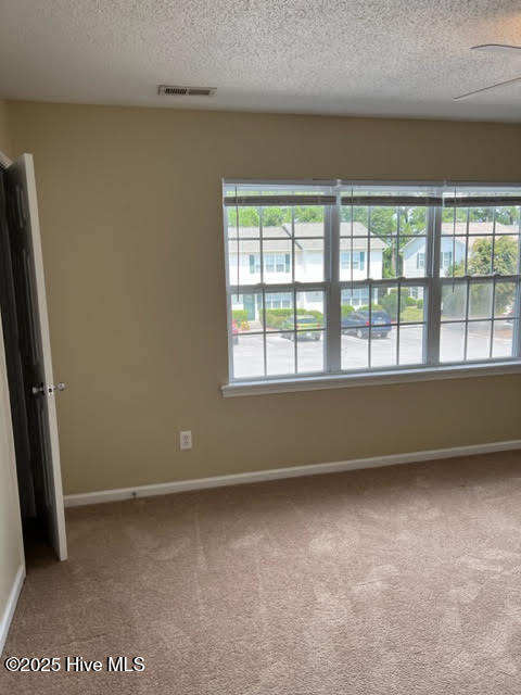 spare room featuring baseboards, visible vents, carpet floors, and a textured ceiling