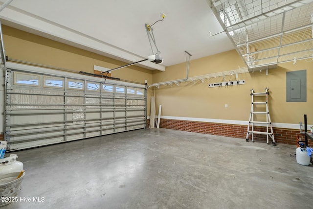 garage with electric panel and a garage door opener