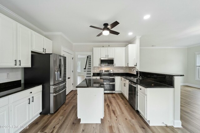 kitchen featuring a kitchen island, a sink, ceiling fan, appliances with stainless steel finishes, and light wood-type flooring