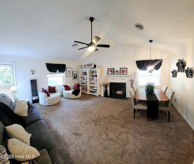 3206 Deer Path Cir, New Bern, NC 28560 - living area featuring carpet floors, a chandelier, lofted ceiling, ceiling fan, and a fireplace with flush hearth