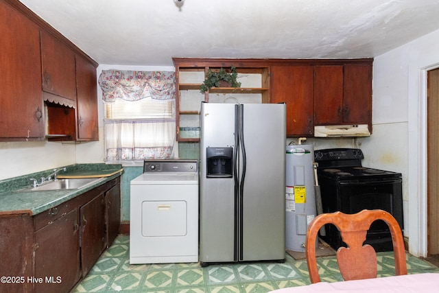 kitchen with electric range, under cabinet range hood, a sink, washer / clothes dryer, and stainless steel fridge with ice dispenser