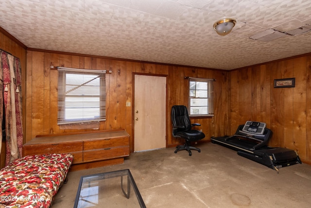 living area with wood walls