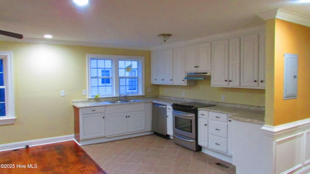 kitchen featuring electric panel, a sink, stainless steel appliances, under cabinet range hood, and white cabinetry