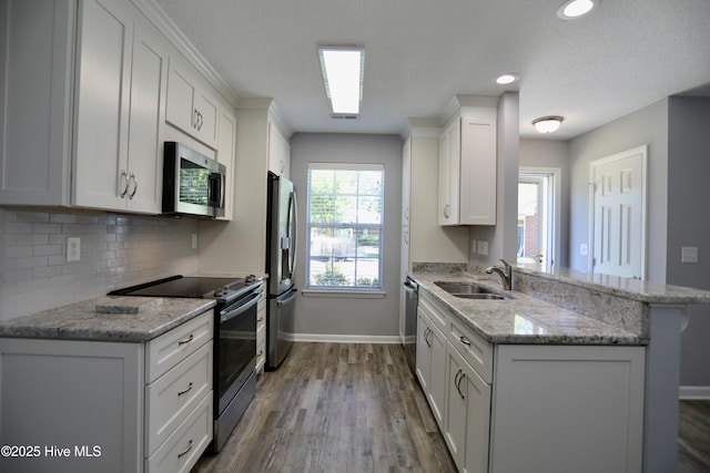 717 Chancery Ln, Aberdeen, NC 28315 - kitchen featuring stainless steel appliances, a sink, a peninsula, baseboards, and decorative backsplash