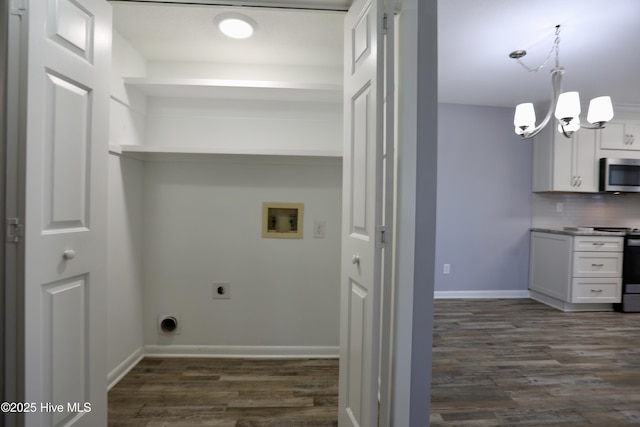 717 Chancery Ln, Aberdeen, NC 28315 - laundry room featuring electric dryer hookup, dark wood finished floors, washer hookup, and baseboards
