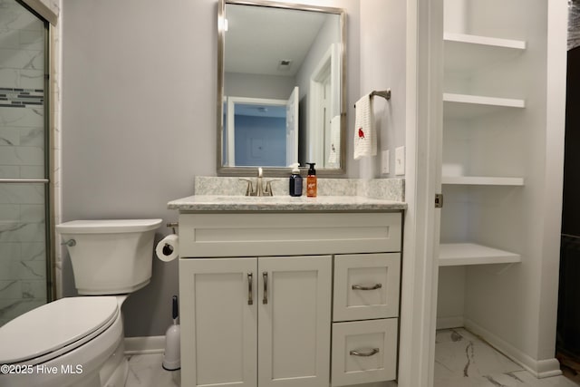 717 Chancery Ln, Aberdeen, NC 28315 - bathroom with marble finish flooring, vanity, a shower stall, toilet, and baseboards