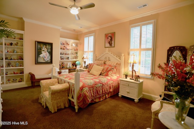 6680 Beulah Hill Church Rd, West End, NC 27376 - bedroom featuring dark colored carpet, crown molding, and a ceiling fan