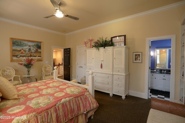 6680 Beulah Hill Church Rd, West End, NC 27376 - bedroom with crown molding, dark colored carpet, ensuite bath, and ceiling fan
