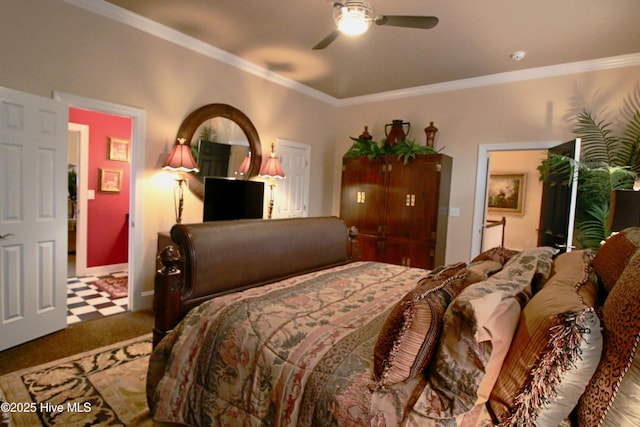 6680 Beulah Hill Church Rd, West End, NC 27376 - bedroom featuring ornamental molding, ceiling fan, and carpet flooring