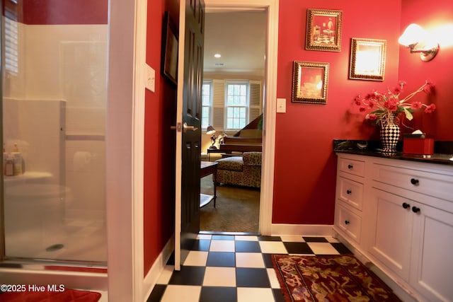 6680 Beulah Hill Church Rd, West End, NC 27376 - bathroom featuring tile patterned floors, a stall shower, and vanity