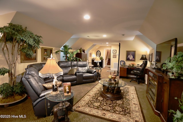 6680 Beulah Hill Church Rd, West End, NC 27376 - carpeted living room with a desk, recessed lighting, and lofted ceiling