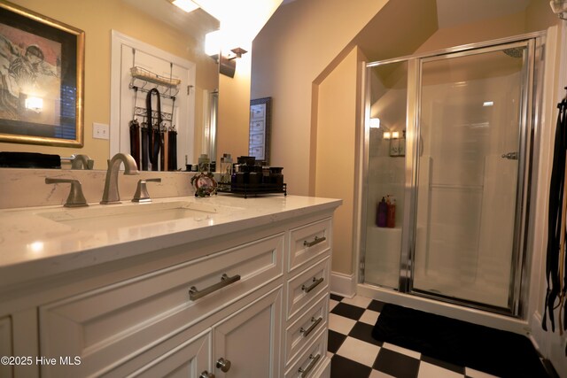 6680 Beulah Hill Church Rd, West End, NC 27376 - bathroom with tile patterned floors, a shower stall, and vanity