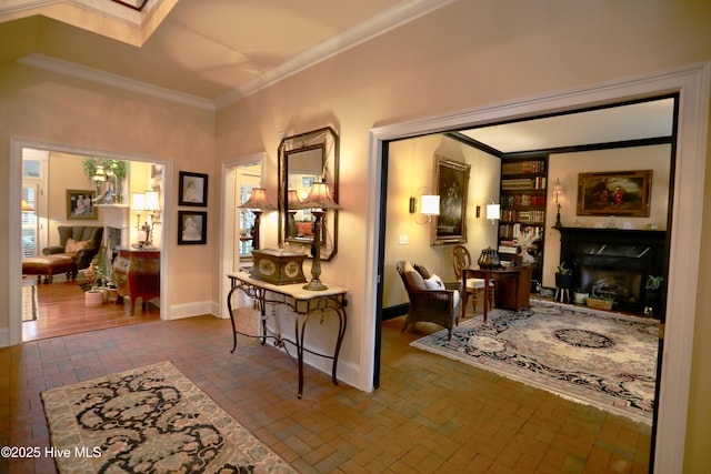 6680 Beulah Hill Church Rd, West End, NC 27376 - living area with brick flooring, ornamental molding, and a fireplace
