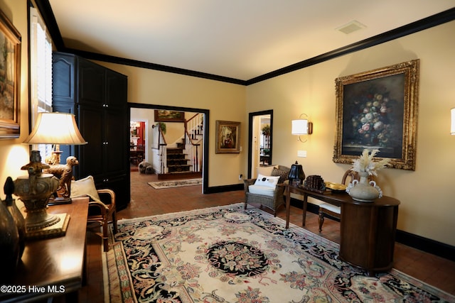 6680 Beulah Hill Church Rd, West End, NC 27376 - living room featuring stairs, ornamental molding, and wood finished floors