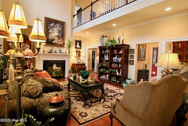 6680 Beulah Hill Church Rd, West End, NC 27376 - living room with wood finished floors, ornamental molding, a high ceiling, and a fireplace with flush hearth