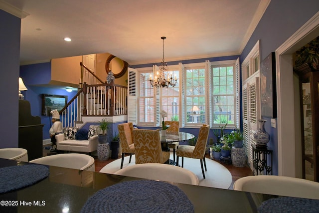 6680 Beulah Hill Church Rd, West End, NC 27376 - dining space featuring stairway, crown molding, a chandelier, and recessed lighting