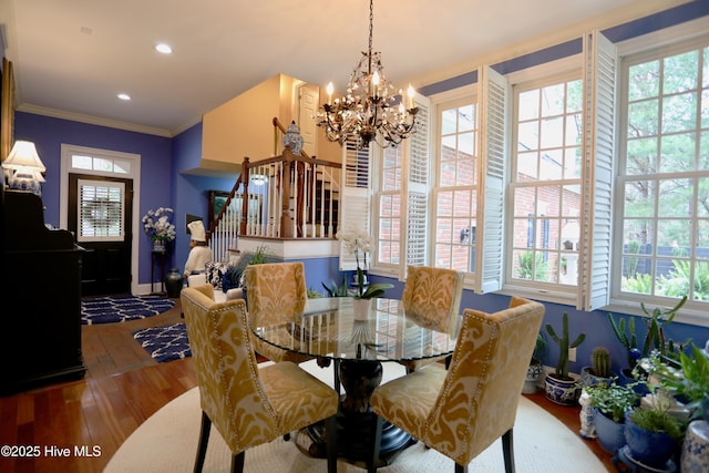 6680 Beulah Hill Church Rd, West End, NC 27376 - dining space with stairway, crown molding, a chandelier, wood finished floors, and recessed lighting