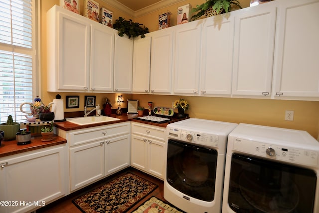 6680 Beulah Hill Church Rd, West End, NC 27376 - laundry area featuring independent washer and dryer, crown molding, and cabinet space