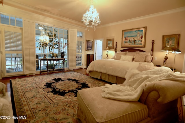 6680 Beulah Hill Church Rd, West End, NC 27376 - bedroom featuring a chandelier, ornamental molding, and wood finished floors