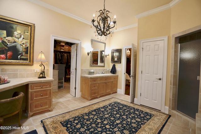 6680 Beulah Hill Church Rd, West End, NC 27376 - full bathroom featuring crown molding, tile patterned floors, vanity, a chandelier, and backsplash