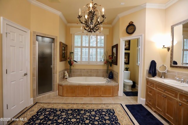 6680 Beulah Hill Church Rd, West End, NC 27376 - full bath with a garden tub, vanity, a chandelier, ornamental molding, and a shower stall