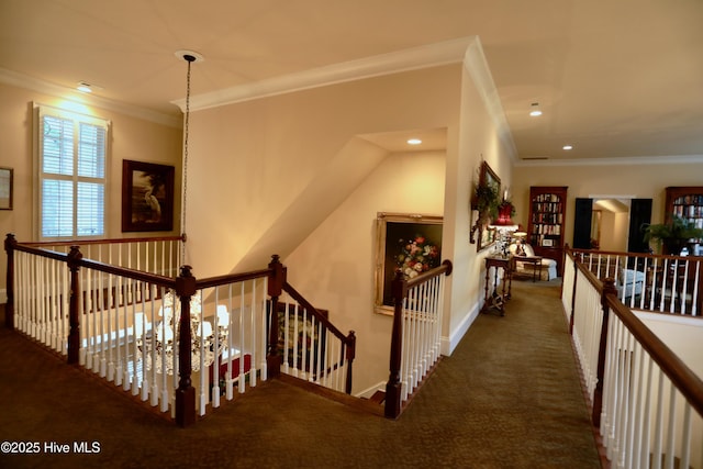 6680 Beulah Hill Church Rd, West End, NC 27376 - hall with crown molding, carpet floors, an upstairs landing, and recessed lighting