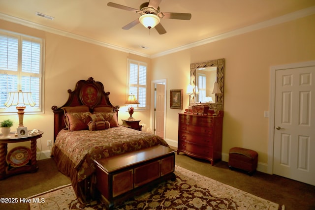 6680 Beulah Hill Church Rd, West End, NC 27376 - carpeted bedroom with multiple windows, ornamental molding, and ceiling fan