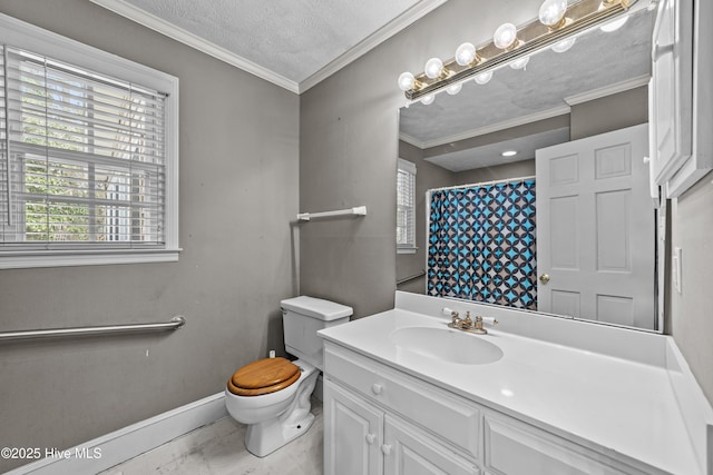 bathroom featuring toilet, ornamental molding, a textured ceiling, baseboards, and vanity