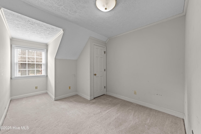 bonus room with baseboards, a textured ceiling, and carpet flooring