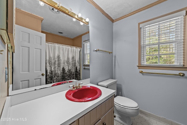 full bath featuring toilet, ornamental molding, a textured ceiling, tile patterned flooring, and vanity