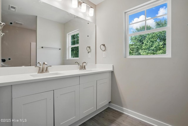 full bath with baseboards, wood finished floors, and double vanity