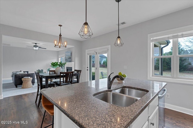 kitchen with dark wood finished floors, plenty of natural light, a kitchen island with sink, and a sink