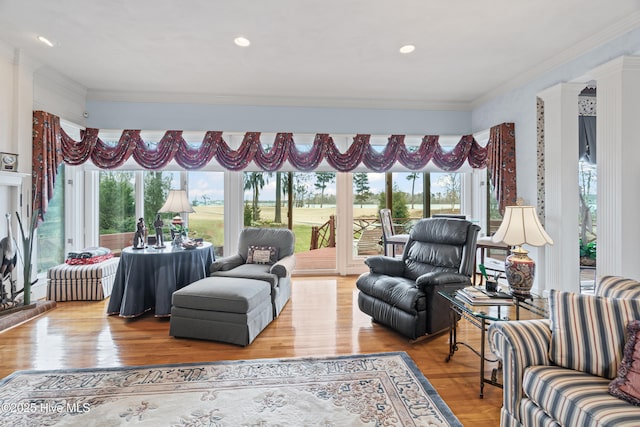 living area featuring crown molding, plenty of natural light, and wood finished floors