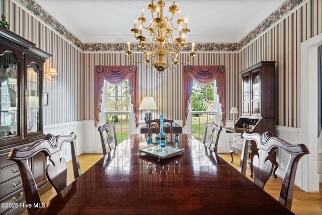 dining space with wallpapered walls, an inviting chandelier, and a wainscoted wall