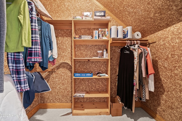 walk in closet featuring carpet flooring