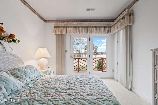 bedroom with visible vents, access to outside, carpet, crown molding, and baseboards